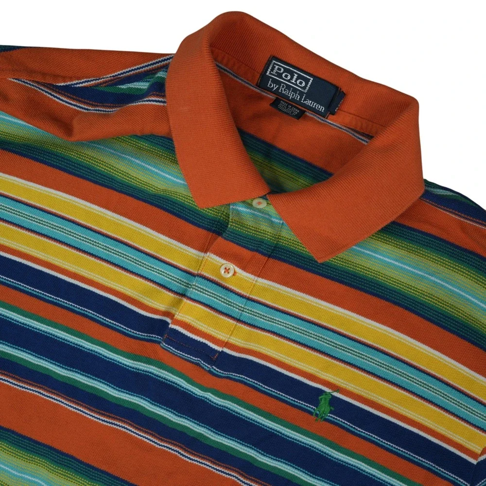 Vintage Polo Ralph Lauren Polo Shirt Mens L Orange Multi Striped Cotton Pique